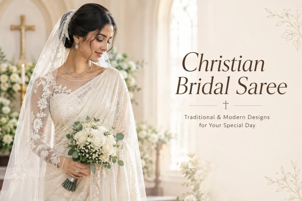 Christian bride wearing an elegant ivory bridal saree with lace veil and pearl jewellery in a softly lit church setting.